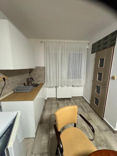a kitchen with a table and a chair and a sink at Penzion u dobrého lva in Frenštát pod Radhoštěm