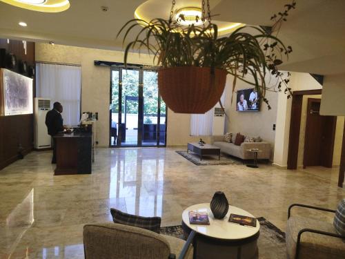 a lobby with a potted plant hanging from the ceiling at The Stallion Abuja in Abuja