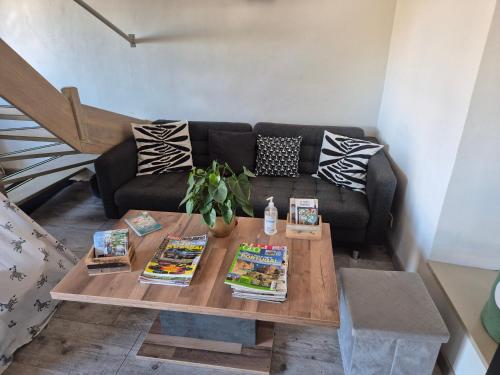 a living room with a couch and a coffee table at l'Eden caché in Beaune-la-Rolande