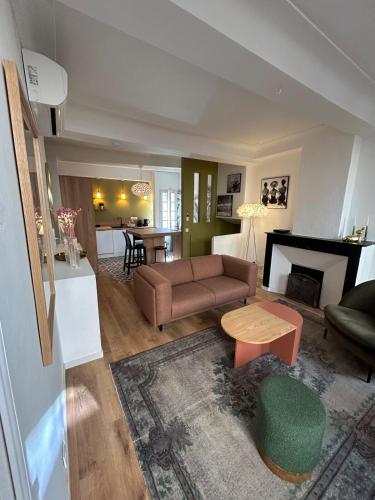 un salon avec un canapé et une cheminée dans l'établissement Appartement dans le village de Valbonne, à Valbonne