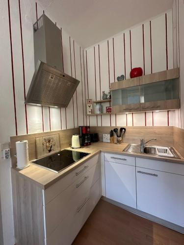 a kitchen with white cabinets and a sink and a stove at Ferienhaus Löwenherz in Pommern