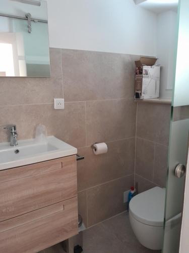 une salle de bain avec un lavabo, des toilettes et un miroir dans l'établissement LA GALINE, à Ménerbes