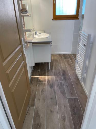 une salle de bain avec un lavabo et un miroir dans l'établissement T2 meublé 42m2 avec terasse, à Le Monastère