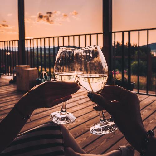 a person holding two glasses of wine on a table at Dakota forest retreat in Tsigov Chark