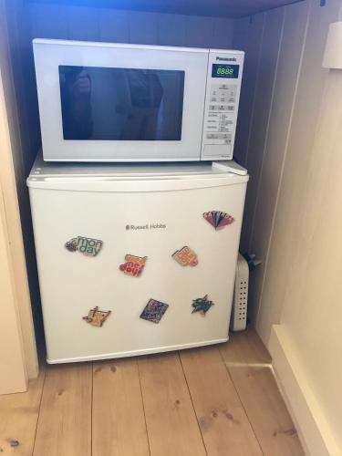 a microwave oven sitting on top of a refrigerator at Phoenix Farm Shepherds Hut,Minions, Cornwall in Liskeard
