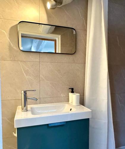 une salle de bain avec un lavabo et un miroir dans l'établissement Le Petit Rome Proche gare, à Lyon