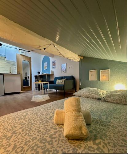 Cet appartement comprend une chambre avec un lit, une cuisine et un salon. dans l'établissement Le Petit Rome Proche gare, à Lyon