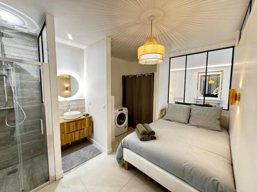 une chambre avec un lit et une douche à l'italienne dans l'établissement Haussmann Apartment - Champs-Élysées, à Paris