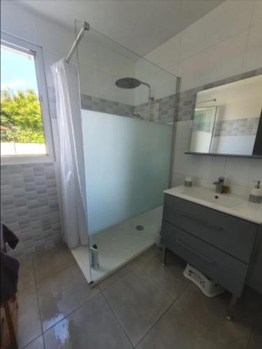 une salle de bain avec une douche, un lavabo et un miroir dans l'établissement maison Pleubian 2kms de la mer -6 pers avec jardin, à Pleubian