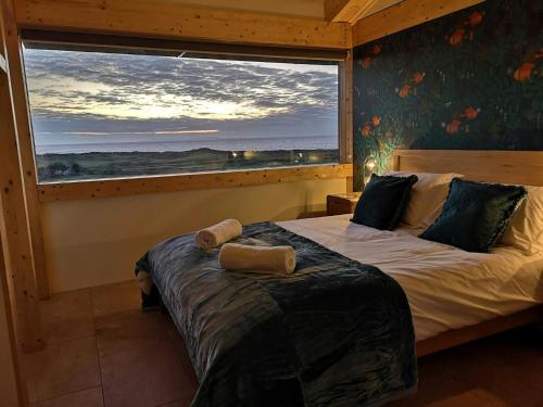 a bedroom with a bed with a large window at Nautilus Tenby in Tenby