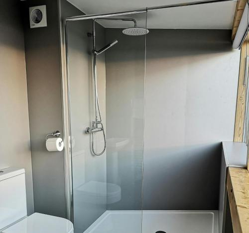 a shower with a glass door in a bathroom at Nautilus Tenby in Tenby