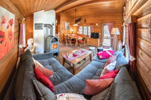 Una sala de estar con un sofá y una chimenea. en Bergchalet La Roubine Willingen, en Neerdar
