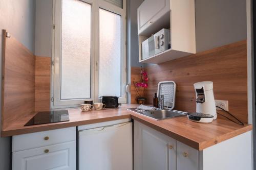 une cuisine avec un évier et un comptoir avec un mixeur dans l'établissement Le nid douillet - Rez-de-chaussée - Calme & confortable, à Valenciennes