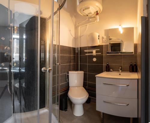 une salle de bain avec toilettes, lavabo et douche dans l'établissement Le nid douillet - Rez-de-chaussée - Calme & confortable, à Valenciennes