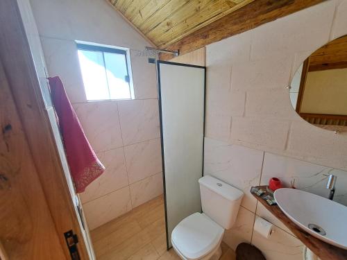 a bathroom with a toilet and a sink at Recanto Do Sapucaí in Sapucaí-Mirim