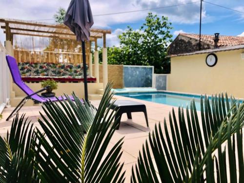 a swimming pool with a purple chair and an umbrella at Studio Romance dans la nature in Carnoules