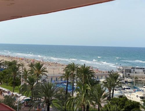 a view of a beach with palm trees and the ocean at Increible apartamento en primera linea de playa in Puerto de Gandía