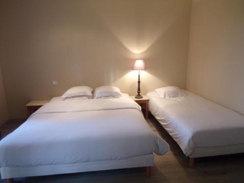 two beds in a room with a lamp on a table at Domaine de Bel Air in Cérans-Foulletourte