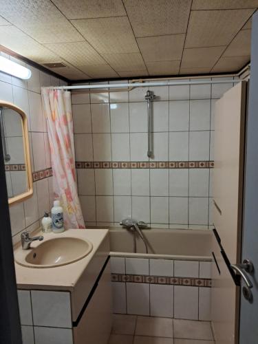 ein Badezimmer mit Waschbecken, Badewanne und Spiegel in der Unterkunft Gelijksvloers Vakantieappartement 2 slaapkamers in Blankenberge