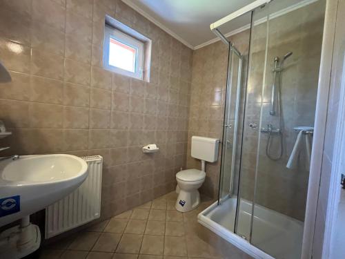 a bathroom with a shower and a sink and a toilet at Gyógygödör Vendégház in Szekszárd