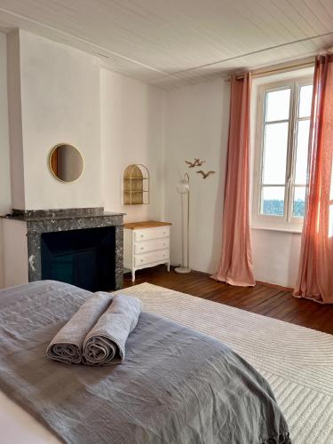 une chambre blanche avec un lit et une cheminée dans l'établissement Domaine Riplou - Maison de Campagne avec piscine, à Verdun-en-Lauragais