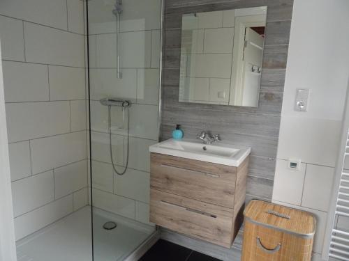a bathroom with a sink and a shower at Kustverhuur, Breskens, 't Zandertje in Breskens