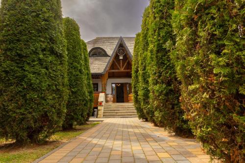 a house between two large trees with a walkway at Casa Elena - Resort & SPA in Voronet
