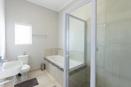 a bathroom with a shower and a toilet and a sink at Founders Villa in Britannia Bay