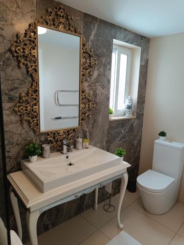a bathroom with a sink and a mirror and a toilet at Cottonera Lines Boutique Holiday Accomodation in Cospicua
