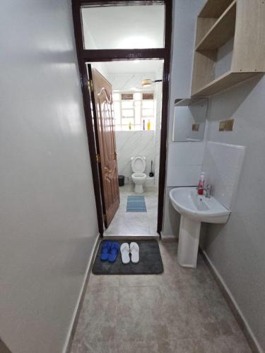 a bathroom with a toilet and a sink and a pair of shoes at Treands Apartments in Nakuru