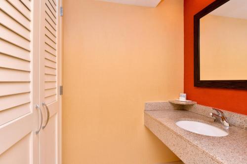 a bathroom with a sink and a mirror at Courtyard Tampa North / I-75 Fletcher in Tampa