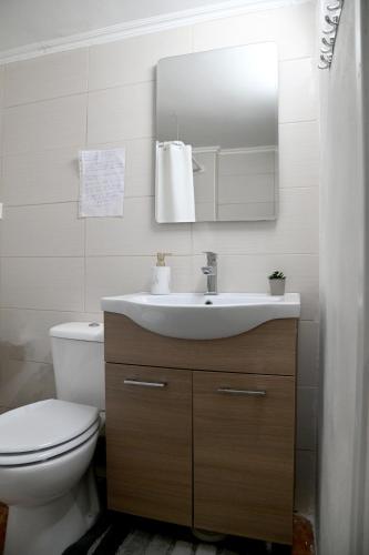 a bathroom with a sink and a toilet and a mirror at Didis Place Nafplio in Nafplio