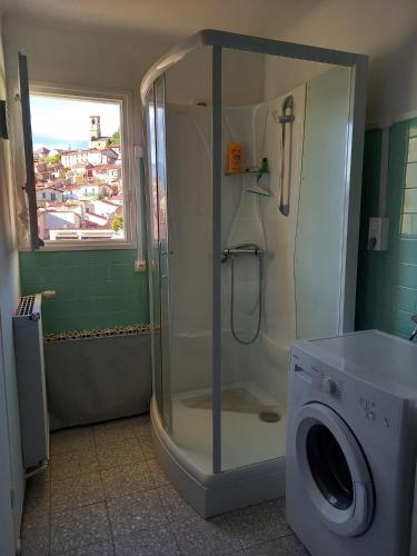 une salle de bain avec douche et machine à laver dans l'établissement ISHTa, à Vernet-les-Bains
