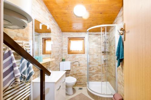 a bathroom with a walk in shower and a toilet at Kuća za odmor Šumska idila in Velika Gorica