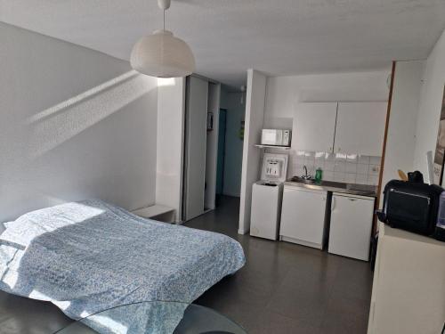 Cette chambre dispose d'une cuisine avec un lit. dans l'établissement Studio proche IUT et Faculté Limoges, à Limoges