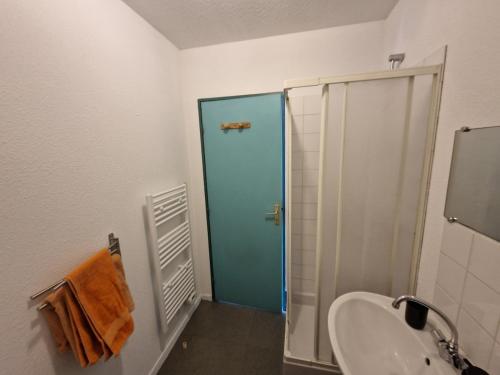 La salle de bains est pourvue d'une douche bleue et d'un lavabo. dans l'établissement Studio proche IUT et Faculté Limoges, à Limoges
