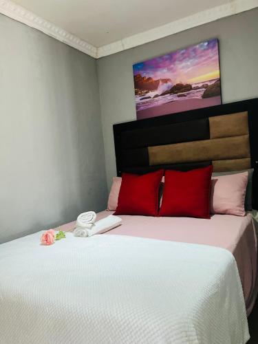 a bedroom with a large bed with red pillows at Ashridge Guesthouse & Safaris in Hazyview