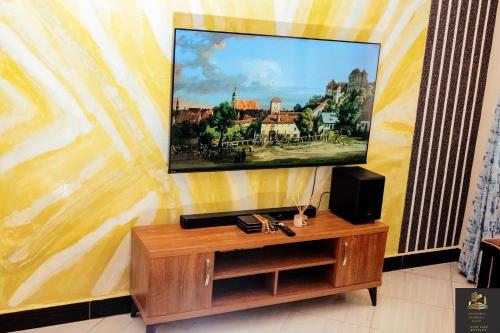 a flat screen tv sitting on top of a wooden entertainment center at Safa Homes and Residences in Kampala