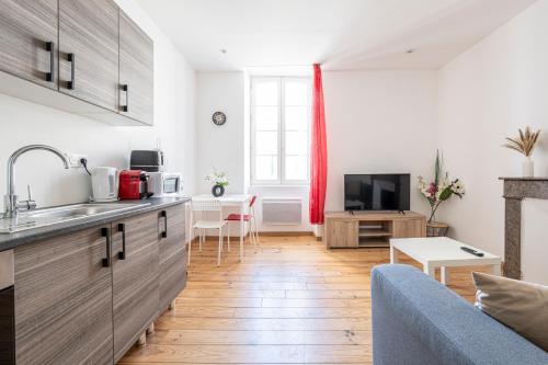 une cuisine avec un évier et un salon dans l'établissement Le Joyau de Pau, à Pau