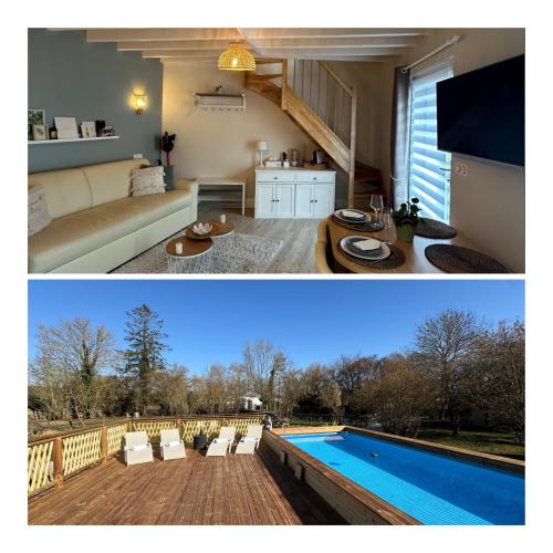 2 fotos de una sala de estar y una piscina en Au Domaine du Prédieu, en Crécy-sur-Serre