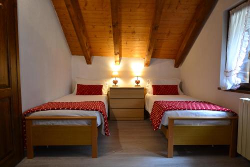 two twin beds in a room with wooden ceilings at Chalet Il Nido in Ceppo Morelli