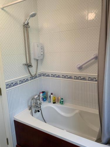 a bath tub in a bathroom with a shower at Lough Rynn-Lord Leitrim in Rivers Town