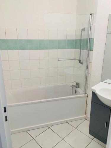 une salle de bain avec une baignoire et un lavabo dans l'établissement Appart - central - Cœur historique, à Sarlat-la-Canéda