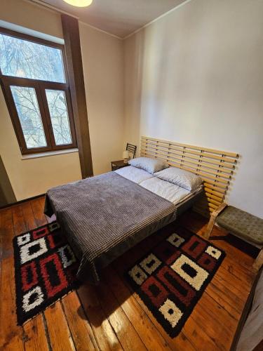 a bedroom with a bed with a wooden headboard at Hot Spot 2bdrm apartment 1 in Sofia