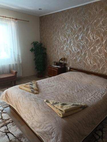 a bedroom with a large bed with a wall at Guest House Stoletnika in Yagodina