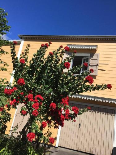 a house with red flowers on the side of it at Relais Des Gouverneurs in Salazie