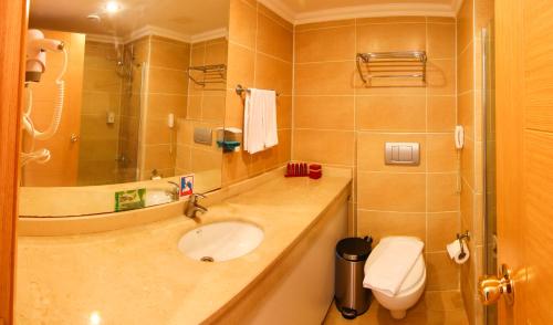 a bathroom with a sink and a shower and a toilet at Ladonia Hotels Del Mare in Gümbet