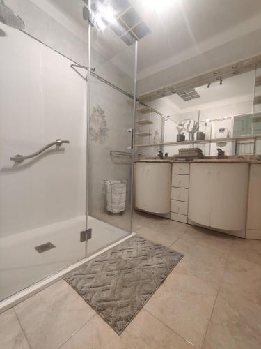 une salle de bain avec une douche avec une porte vitrée dans l'établissement Appartement confortable 70m2 au pied du Canigó, à Codalet