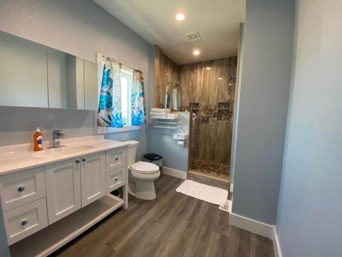 a bathroom with a toilet sink and a shower at Kokomo Sands in Hatteras