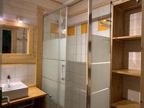 a bathroom with a sink and a shower at Charmant 3 Pièces pour 8 avec Balcon et Piscine à Vignec, près de Saint-Lary-Soulan - FR-1-504-27 in Vignec